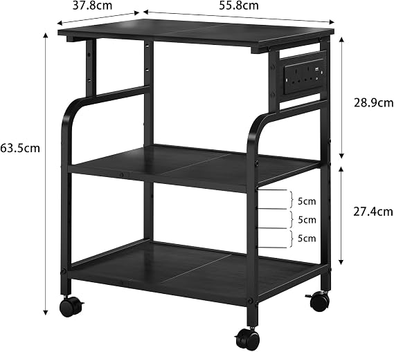 3-Tier Rolling Printer Stand with Outlets for Home, Office, Black