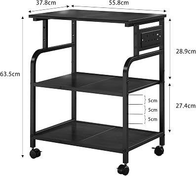 3-Tier Rolling Printer Stand with Outlets for Home, Office, Black