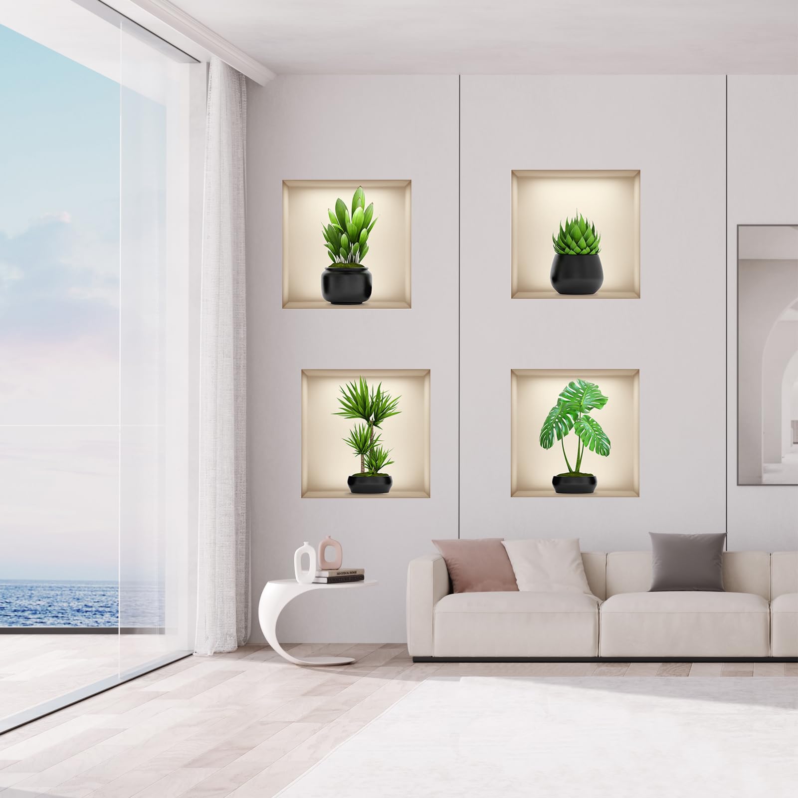 4 Autocollants Muraux 3D Vases Plantes Vertes – Effet Réaliste Pour Salon, Chambre, Salle De Bain