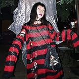 Material: Nylon. WRYIPSF Gothic Punk Frauen T-Shirt Loch Gestreifte Bluse Top Grunge Pastell Gothic Fairy Harajuku Dark Aesthetic Hemd Plus Größe Emo Kleidung-Rot_Einheitsgröße