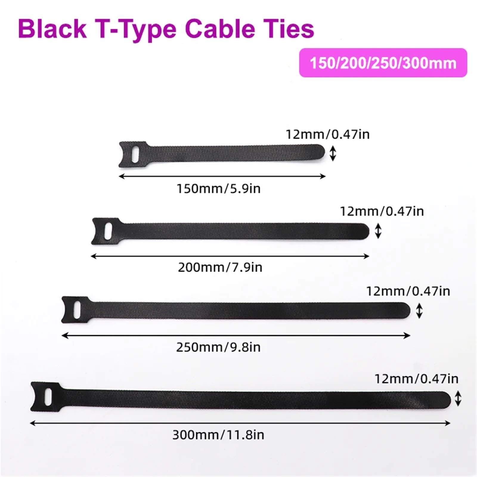 Kabelbinder, 10 ~ 1000 Stück, schwarz, T-Typ-Kabelbinder, Kunststoff, lösbar, Nylon, Klettverschluss, Bündel, abnehmbarer Draht-Organizer, lange Kabelbinder (800 Stück, 250 mm)