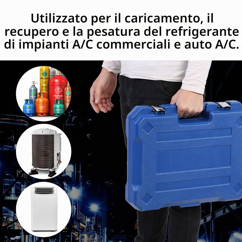 Bilancia Elettronica per Refrigerante 220lb/100kg con Display LCD, Funzione di Ricarica Digitale e Scatola Portatile – Ideale per Sistemi A/C
