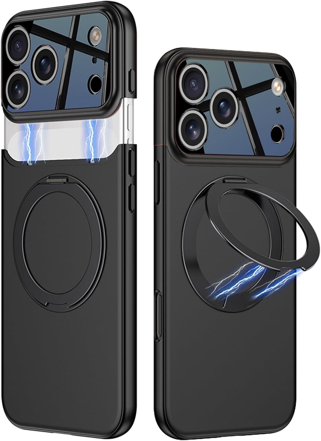 Magnetic Case for iPhone 17 Pro with Split Camera Protection & Rotating Kickstand [Compatible with Wireless Charging] Luxury Matte Hard PC Slim Shockproof Cover for iPhone 17 Pro (Black+Black) Black+Black iPhone 17 Pro