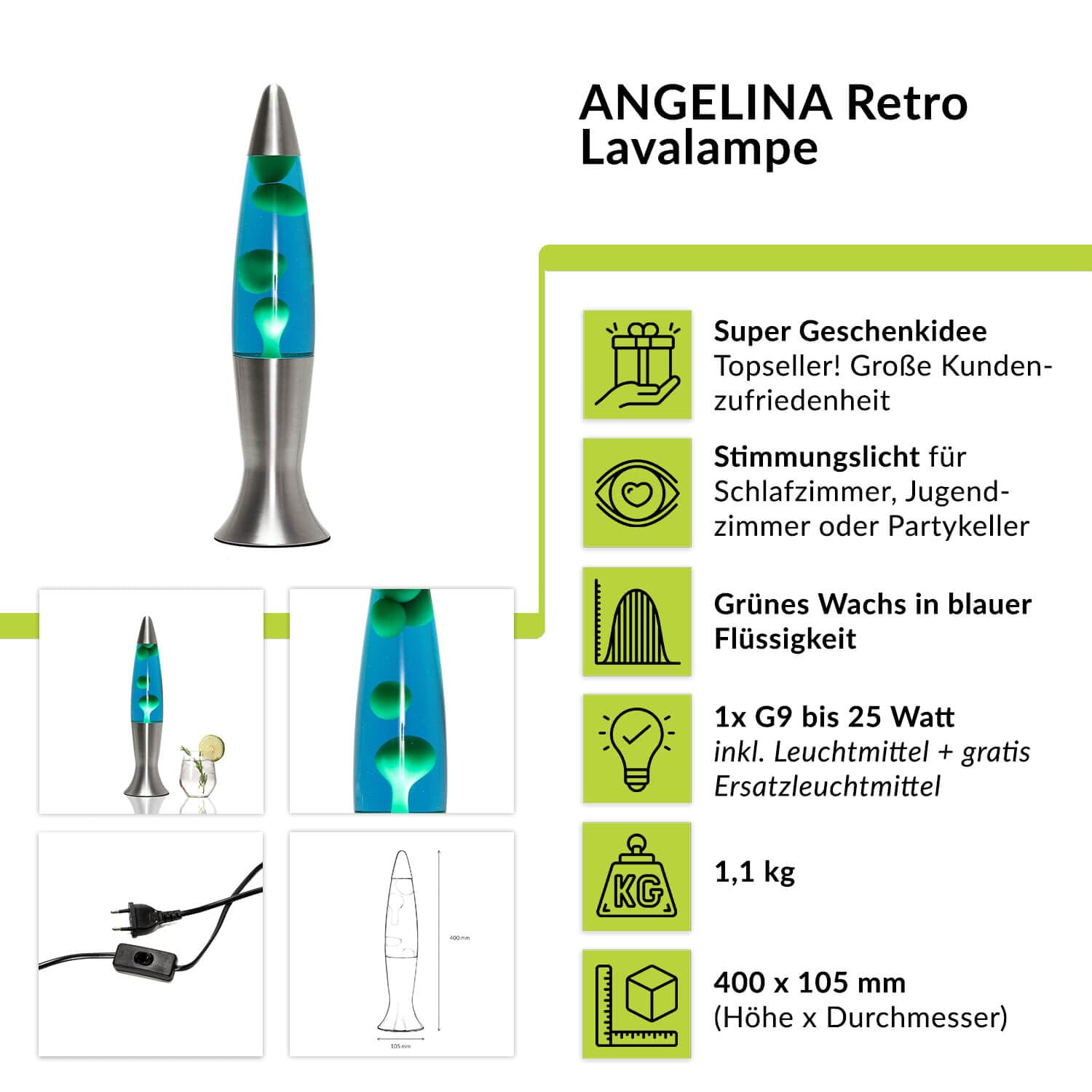 Easylight Lavalampe Aluminium Glas in Silber Blau Grün Wohnzimmer 40 cm hoch Retro Tischlampe Jugendzimmer ANGELINA
