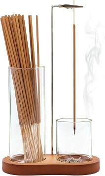 2-in-1 Incense Holder for Sticks, Incense Burner Holder with Glass Ash Catcher & Stick Storage, Bedroom House Yoga Meditation Zen Decor, Spa Gifts for Women, Unique Cozy Home Decor, Natural Wood