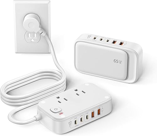 Regleta de alimentación 7 en 1, tira de alimentación USB C PD de 85 W con 3 USB-C, 2 puertos USB-A y salida de CA de 2500 W, enchufe plano total de