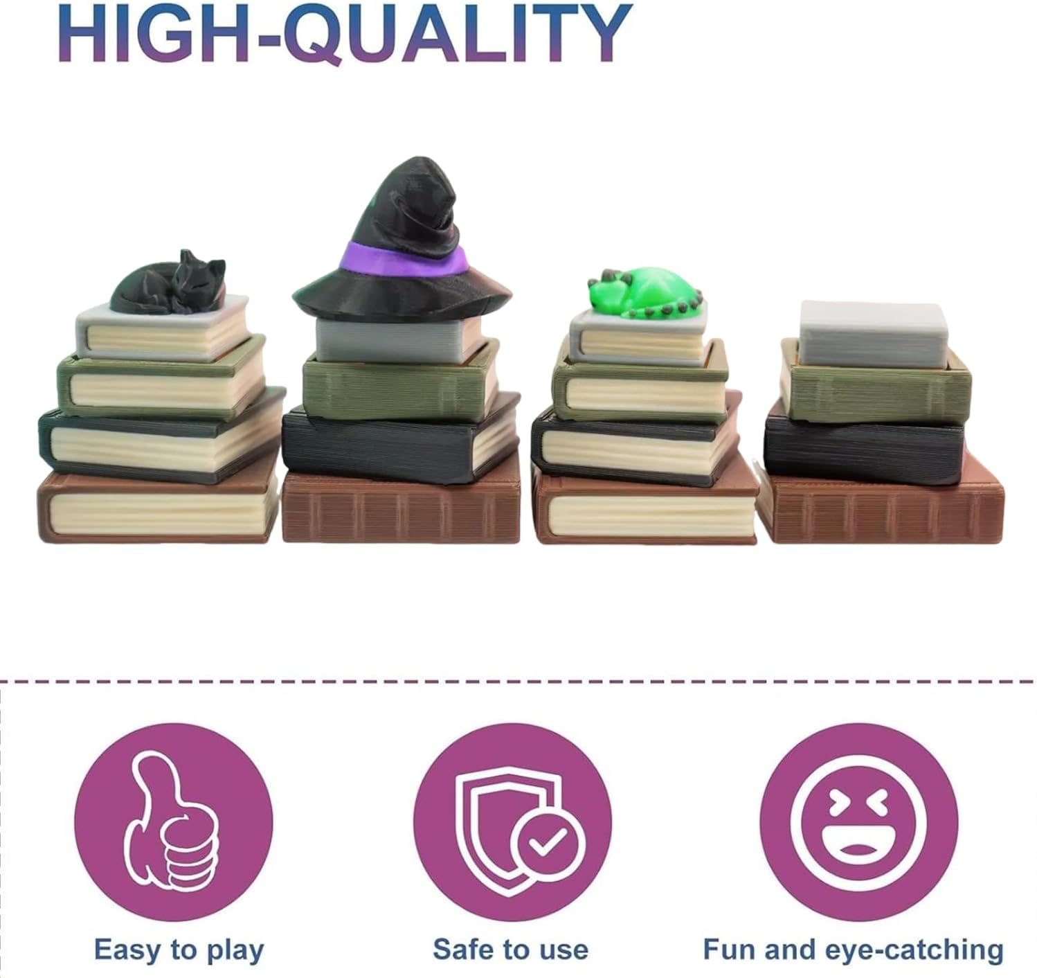 Stack of Books Fidget Clicker Keychain, Enchanted Library Bundle with Black Cat, Sleepy Dragon, Or Mage Hat, Clicker Fidget, Fidget Keychain, Stress Relief Book Lover Gift (3 PC A Set)