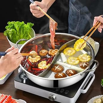ARMYJY Shabu Pot, Double Flavour 30 cm, Stainless Steel, Shabu Hot Pot with Divider, Divider Hotpot Pot
