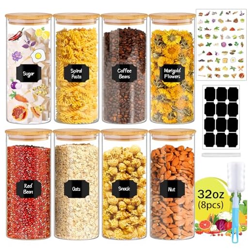 BGraceyy 32 oz 8 Pcs Glass Jars with Bamboo Lids, Stackable Clear Food Storage Jars, Airtight Kichen Glass Pantry Storage Containers with Lids for Rice, Candy, Sugar, Flour, Nuts, Cookie, Coffee Bean