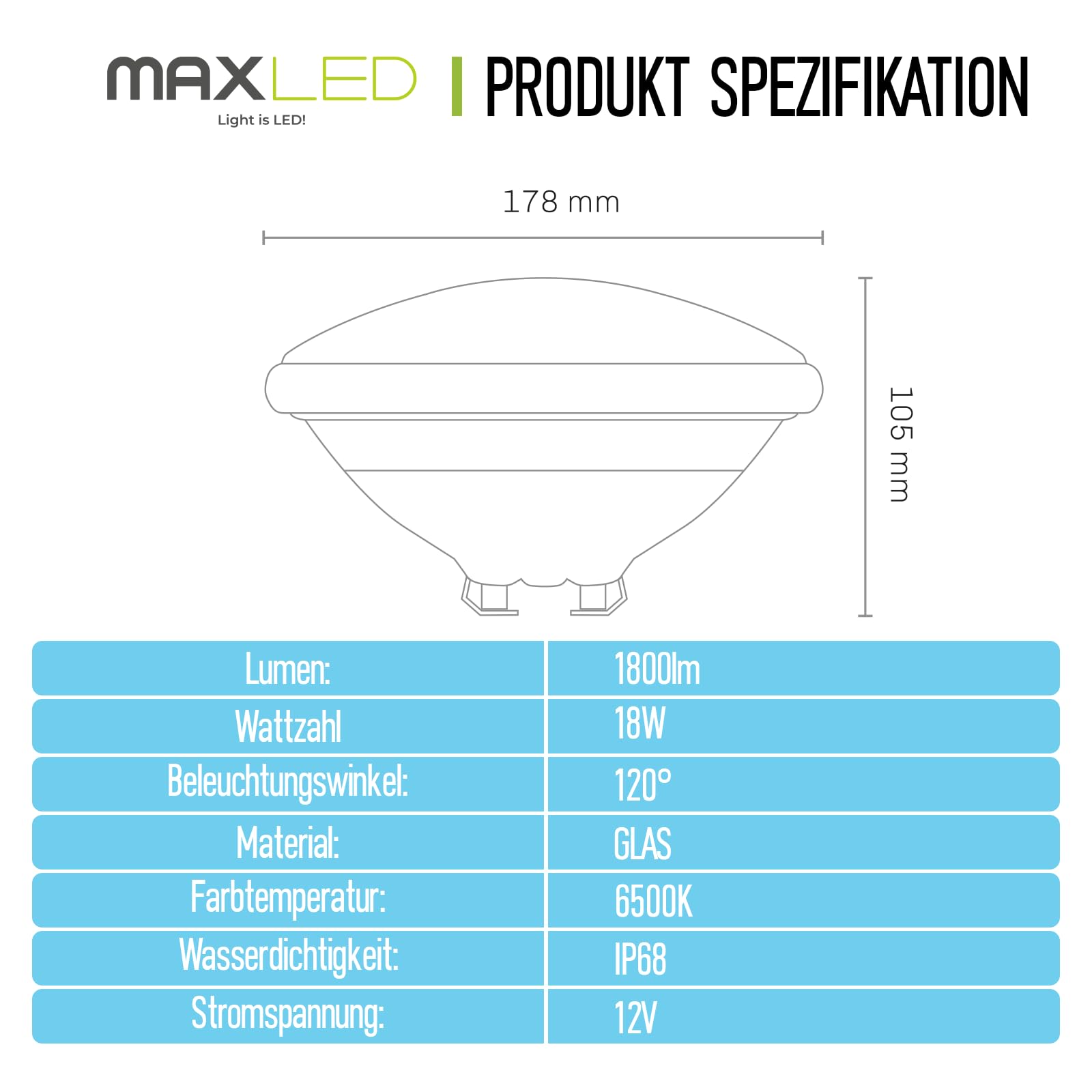 LED Poolbeleuchtung PAR56 18W Schwimmbad Ersetzt 150W 6500K Weiße Poollampe IP68 Wasserdicht Unterwasser 1800lm Poolscheinwerfe 120° Abstrahlwinkel Schwimmbadlampe 12V AC/DC