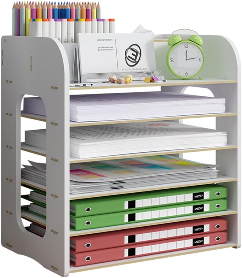6 Tier Desk File Organiser, Wooden A4 Paper Letter Tray Desktop File ...