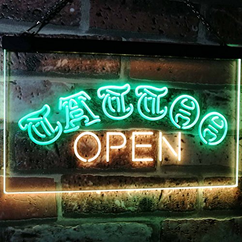 Advpro Tattoo Open Walk-In-Welcome Décor Display Dual Color Led Neon Sign Green & Yellow 12" X 8.5" St6S32-I2555-Gy #TOP1