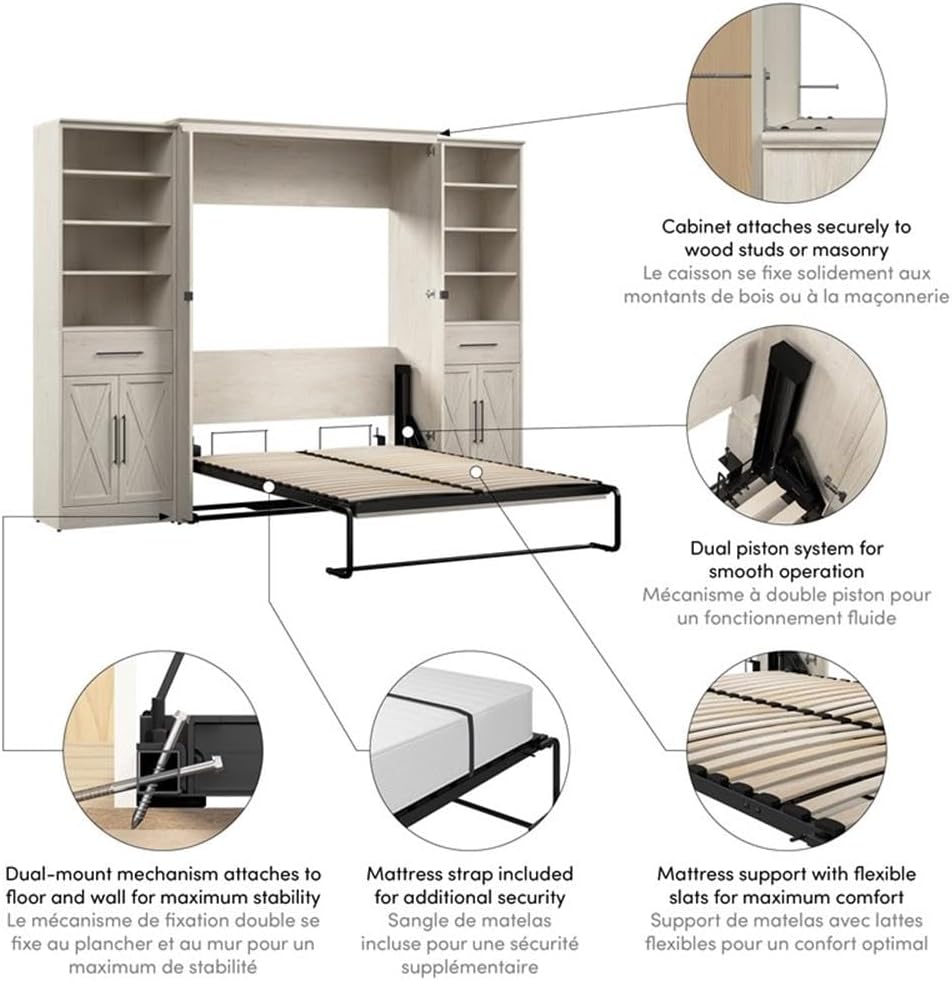 Bestar Key West Full Murphy Bed and Closet Organizers with Doors and Drawers (113W) Space-Saving Sleeping Arrangement for Multipurpose Area, Bedroom, Guest Room, or Living Room in Linen White Oak
