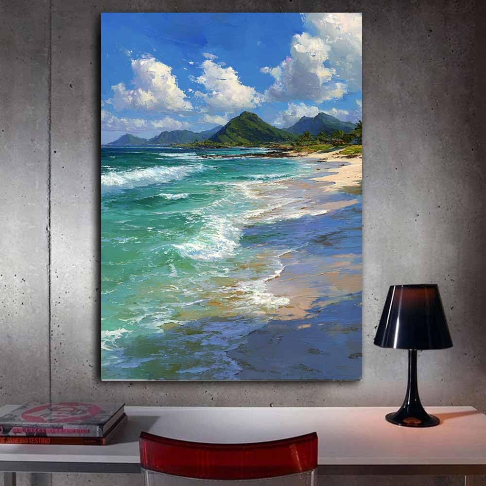 ZAMAEIU Impresión En Lienzo Océano Costas junto a la cala mar, playa,vista, arte de pared, carteles, imágenes para sala de estar, decoración del hogar（azul-70x100cm Enmarcado