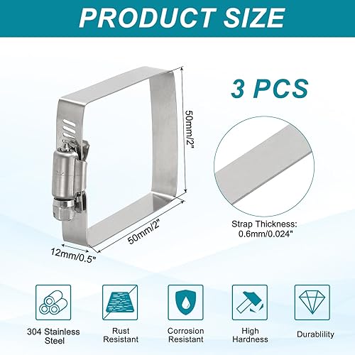 Miniatura 2 de uxcell 3 abrazaderas de manguera rectangular de acero inoxidable 304, ajustables de 2 x 2 pulgadas, abrazaderas de tubo de tubo de conducto de