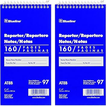 Blueline Reporter Notebook/Note Pad, 4 x 8 inches, 160 Pages / 80 Sheets AT8B Pack of 2