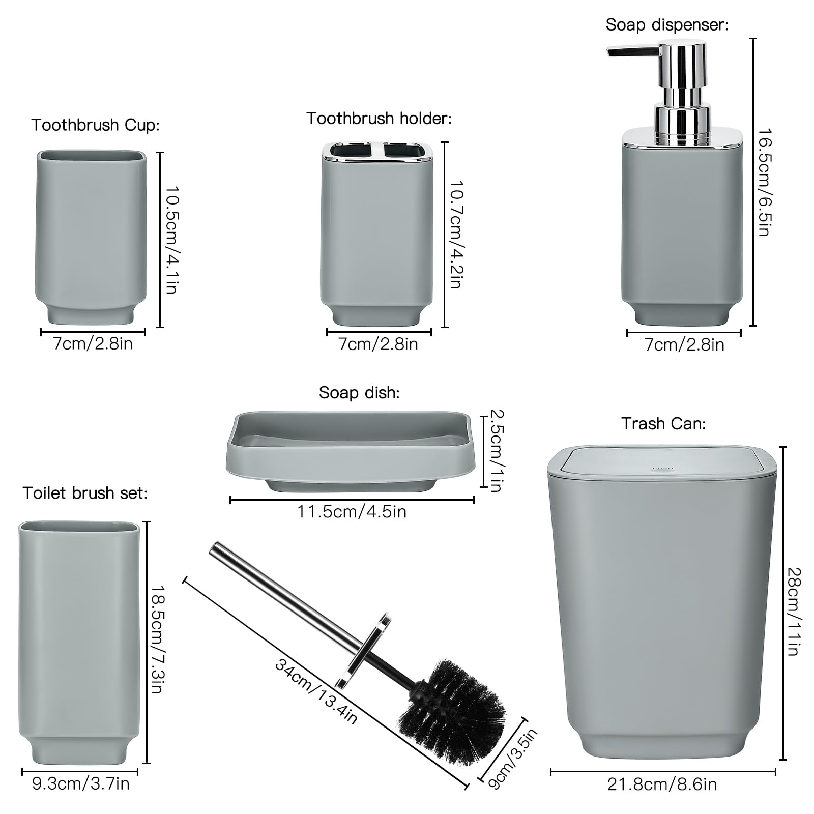 JOTOM 6-teiliges luxuriöses Kunststoff-Badezimmer-Zubehör-Set mit Mülleimer, WC-Bürste, Zahnbürstenhalter, Becher, Seifenschale und Seifenspender