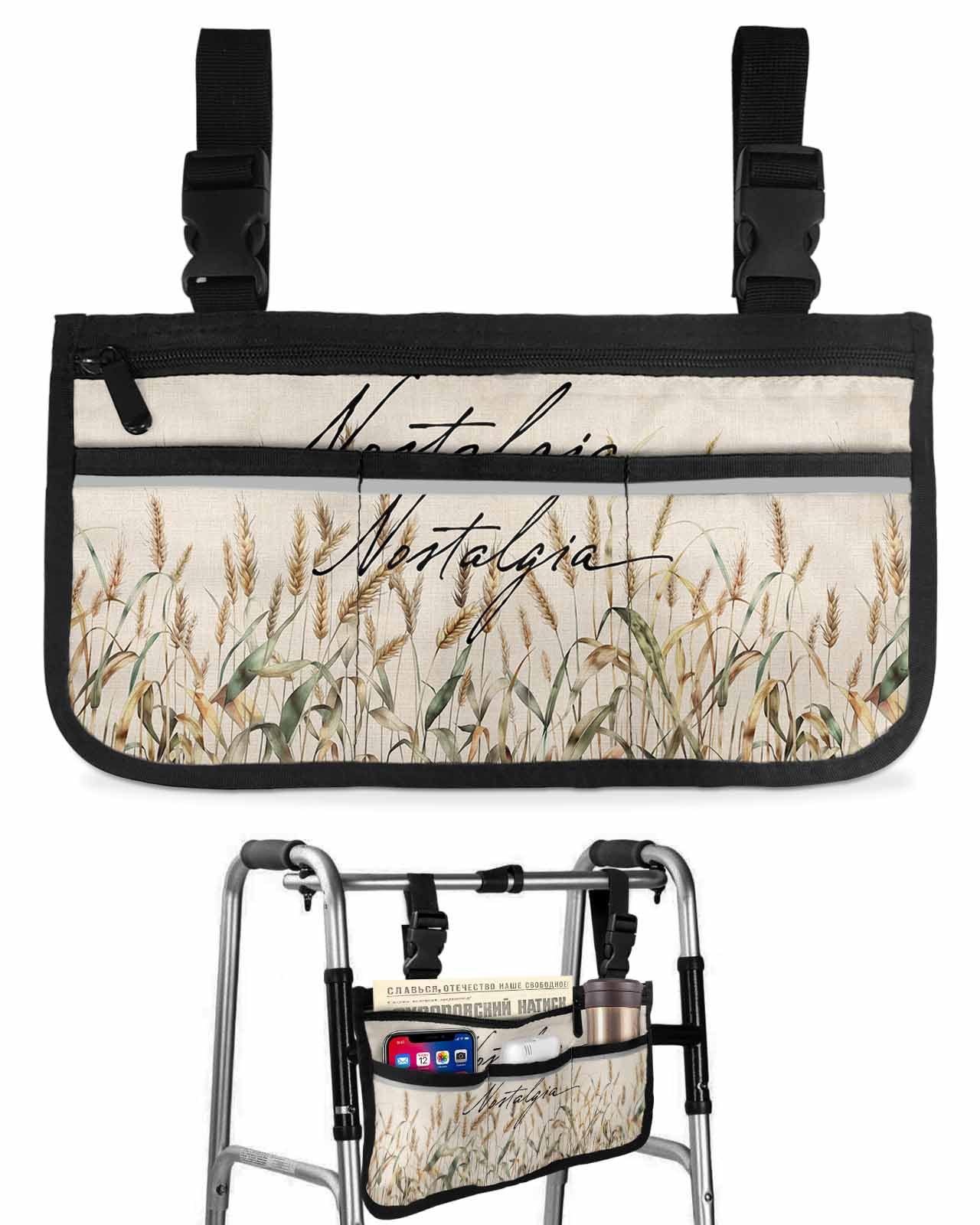 Anzona Fall Grass Wheat Wheelchair Side Bag Walker Bag, Farmhouse Autumn Vintage Wheelchair Accessories Armrest Pouch, Organizer Storage Bag for Walkers, Rollators, Scooters, 7.3''x13''