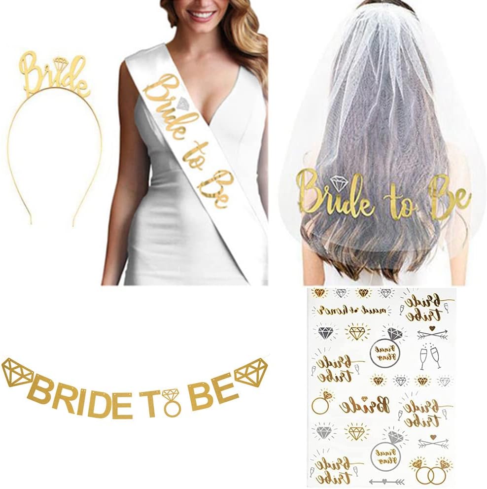 URbazaar Bride To Be Set, Bachelorette Party Decorations Glitter Kit,Bridal Shower Supplies Bride to Be Bachelorette Sash Veil Crown Tiara (Rose Gold-5pcs)
