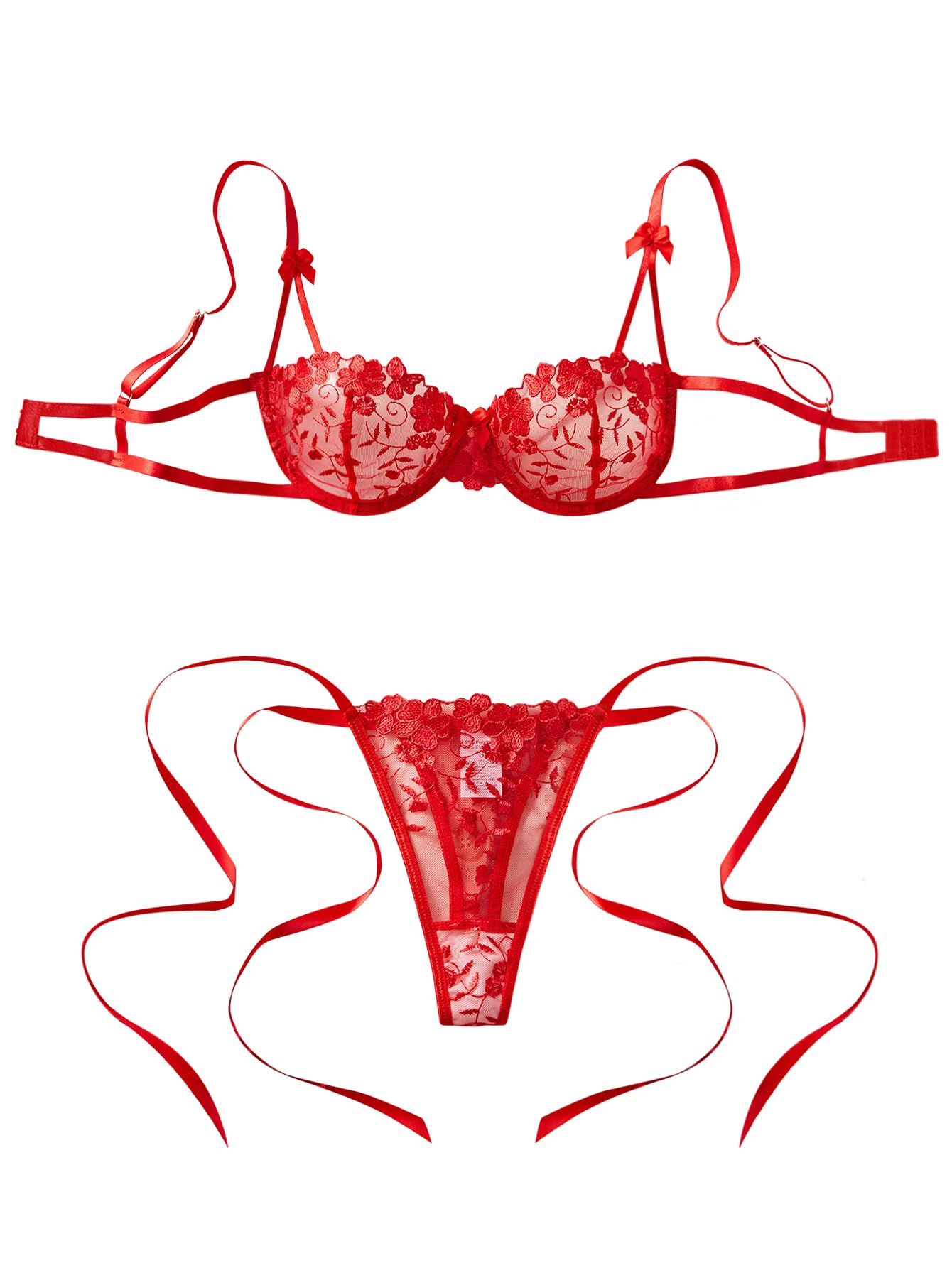 Lilosy Sexy Tie Side Cute Underwire Push Up Strappy Embroidered Mesh Sheer Lingerie Set Women See Through Bra and Panty 2 Piece Bow Blossom Red Large