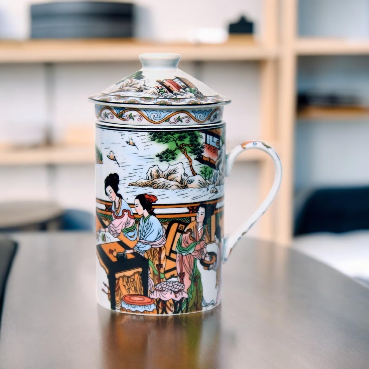 Keramik Teetasse mit Deckel + Sieb für Losen Tee mit Asiatischem Motiv (Mädchen, 047) Japanische Chinesische Tasse Für Teeliebhaber, Porzellan Kaffee Geschenk Set Asien Asia Becher Haferl