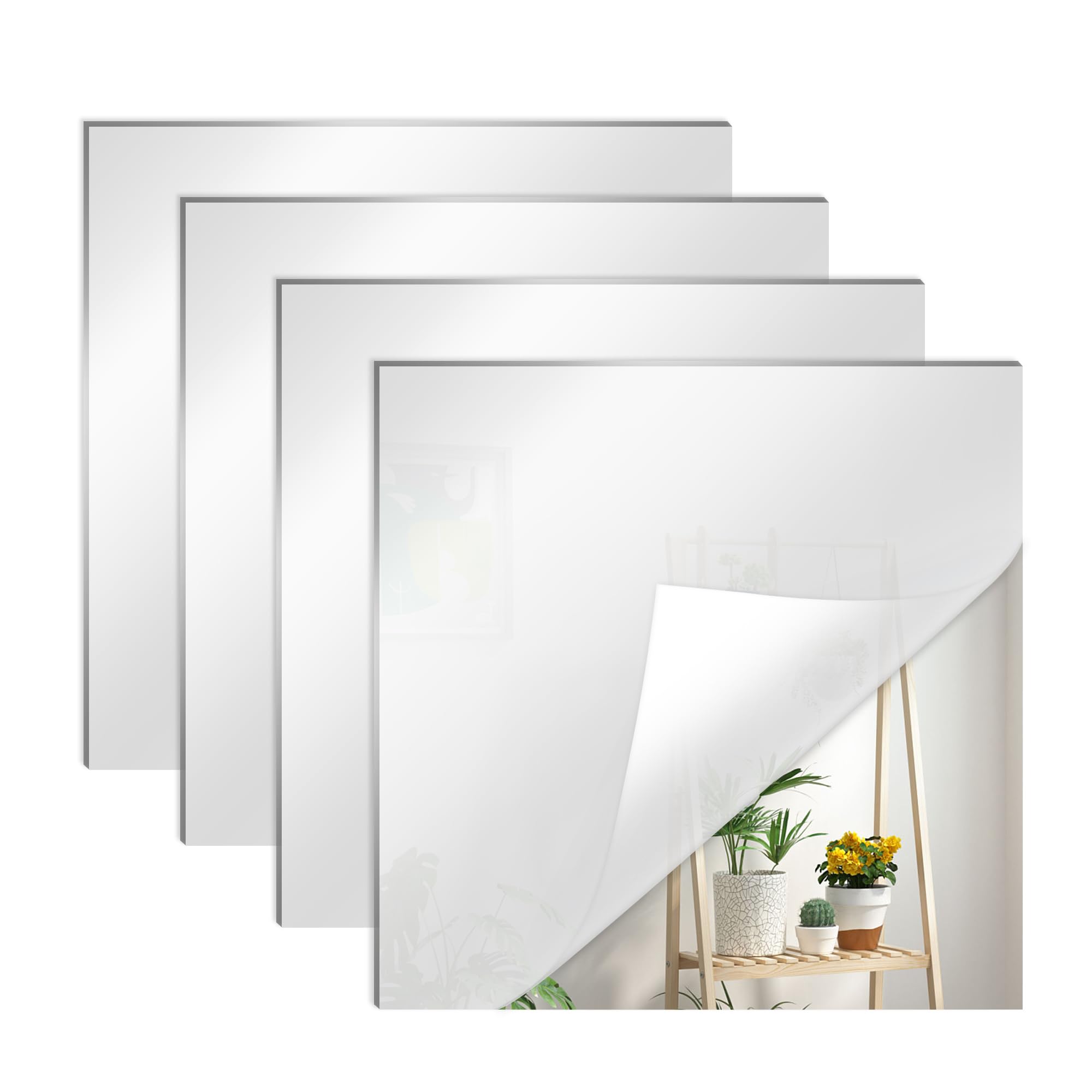 Quacc 4 PCS Self Adhesive Mirrors 8 x 8 Mirror Tiles Acrylic Mirror Frameless Mirror Tiles for Full