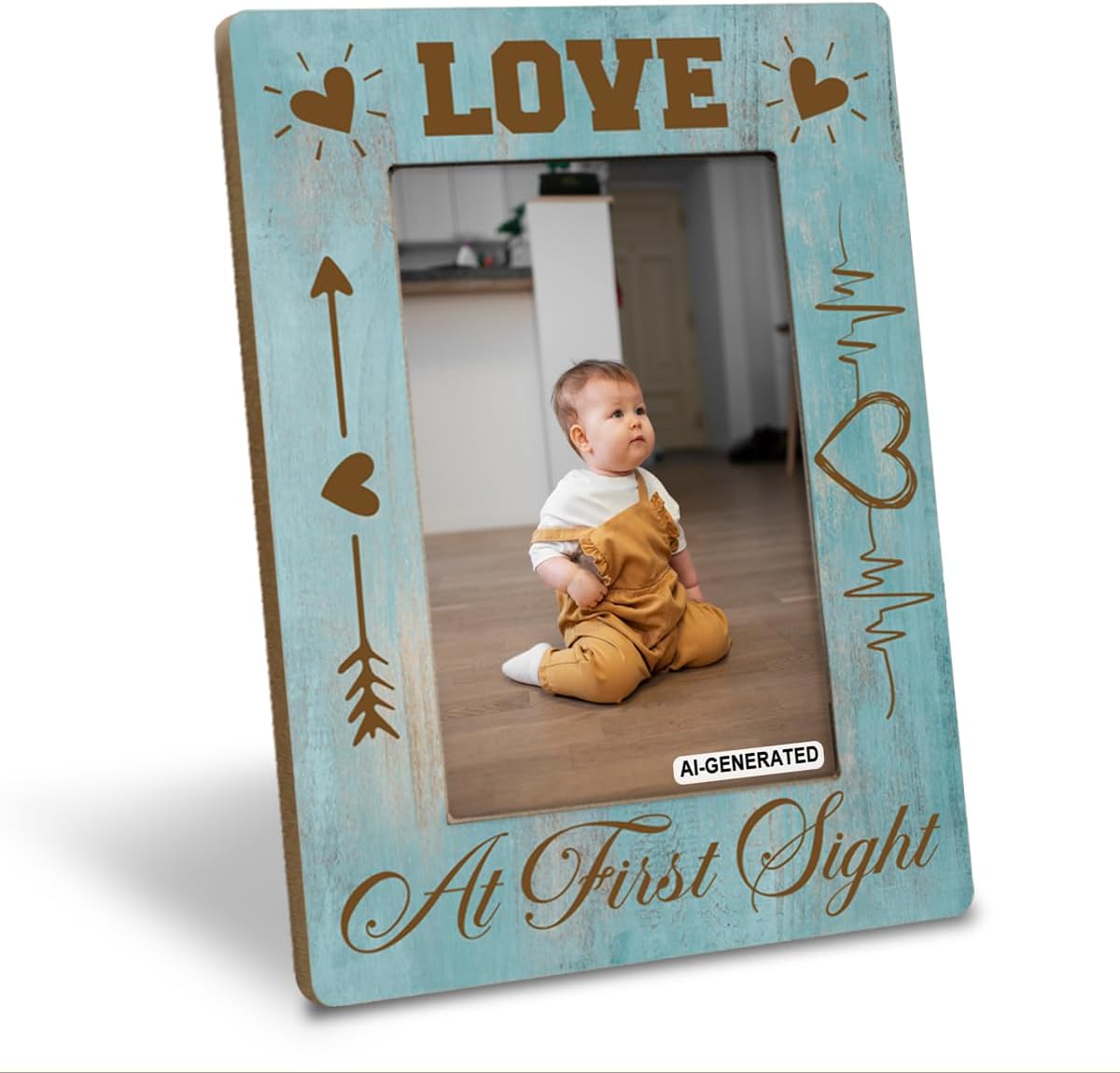 Love at First Sight Sonogram Picture Frame, Baby Gift for Expecting Parents, Shower and Nursery Decor, Rustic Blue Wooden Picture Frame, Home Office Table Decor, Holds 4 x 6 Inch Photo With Stand