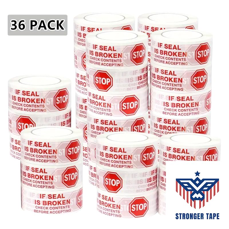Stop Sign Sealing Tape,IF Seal is Broken or Damaged Check Contents Before Accepting, (36 Rolls, 2 inch x110 Yard) Heavy Duty Packing Tape for Moving,Sealing,Office