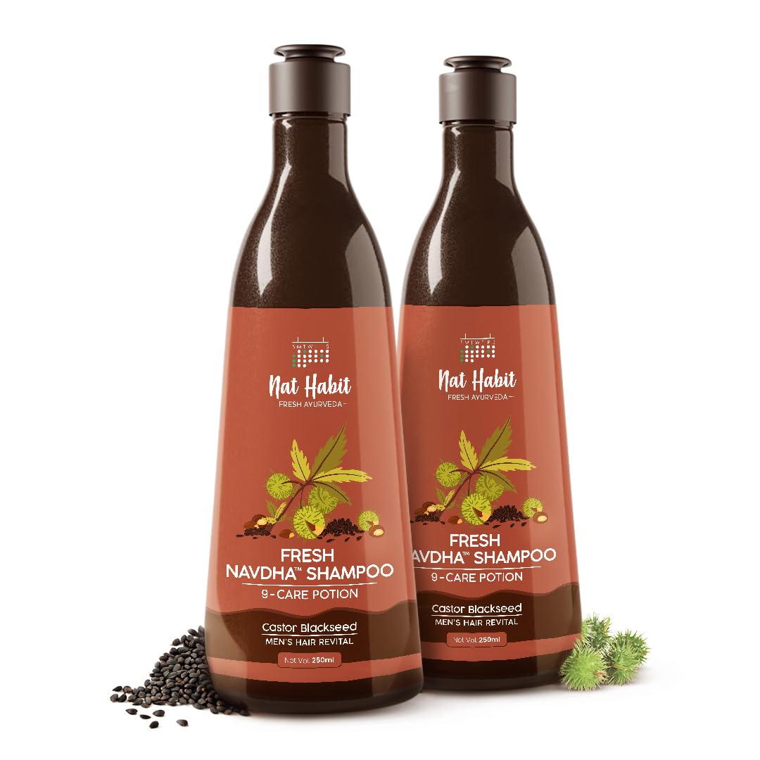 Nat Habit Castor Blackseed Navdha Shampoo for Men| Men's Hair Revital| Natural Hair Shampoo | Anti Hair Fall, Hair Growth & Anti-Dandruff | Sulphate-Free Amla Reetha Shikakai Cleanser|Pack of 2 X 250ml