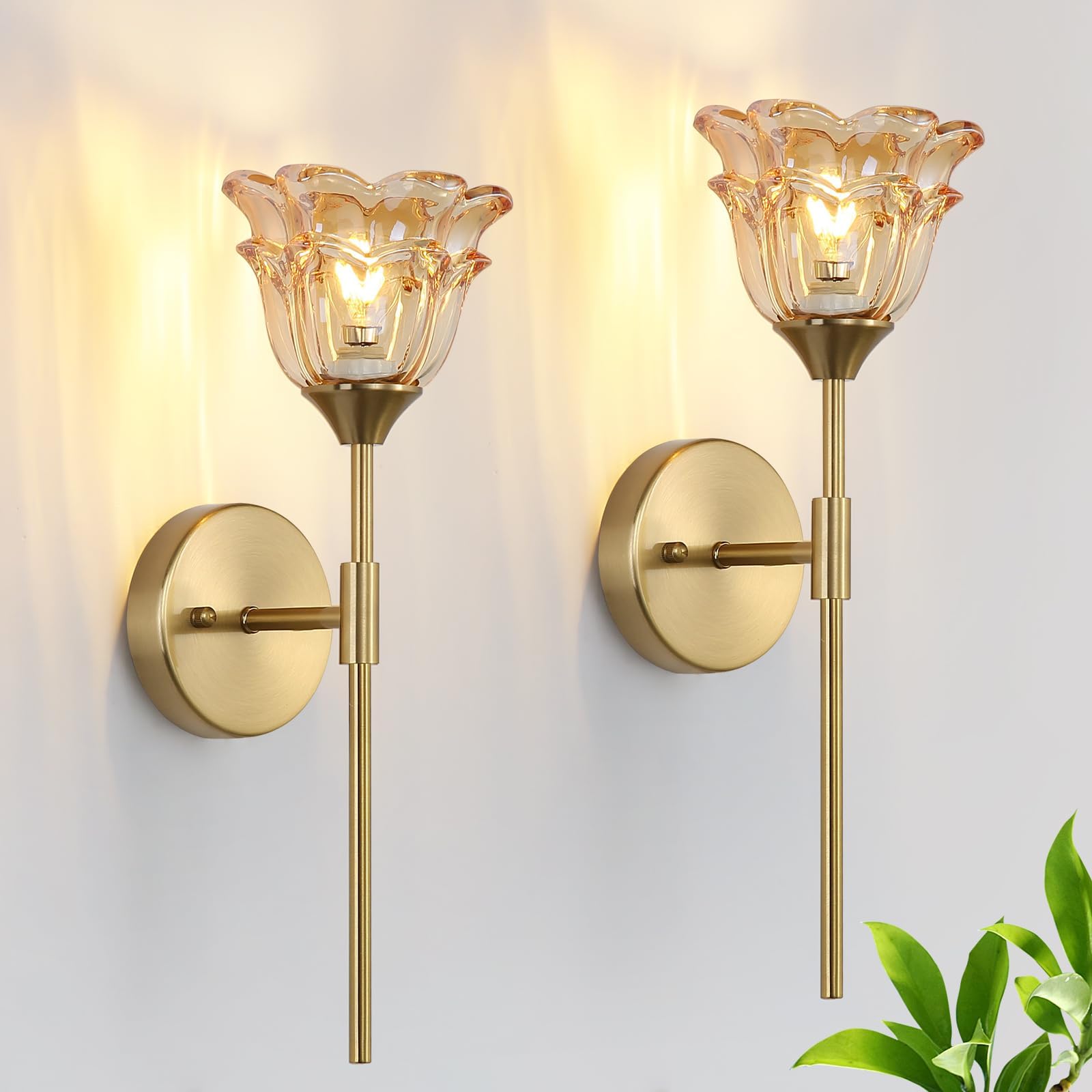XIYOUVE 2 Pack Gold Wall Sconce with Modern Amber Glass Shades, Modern Mid Century Bathroom Vanity Wall Light Fixtures, Industrial Brushed Brass Wall Lamp, for Bedroom Mirror Living Room, ETL Listed