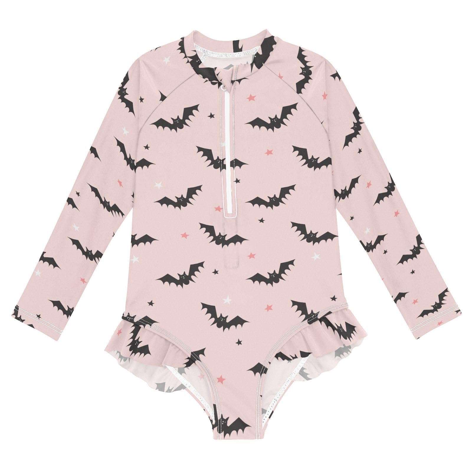 JHKKU Long Sleeve Swimsuits Halloween Bats for Girls Toddler UPF 50+ Sun Protection Bathing Suits Kids Ruffle Zipper One Piece Swimwear 9-10 Years
