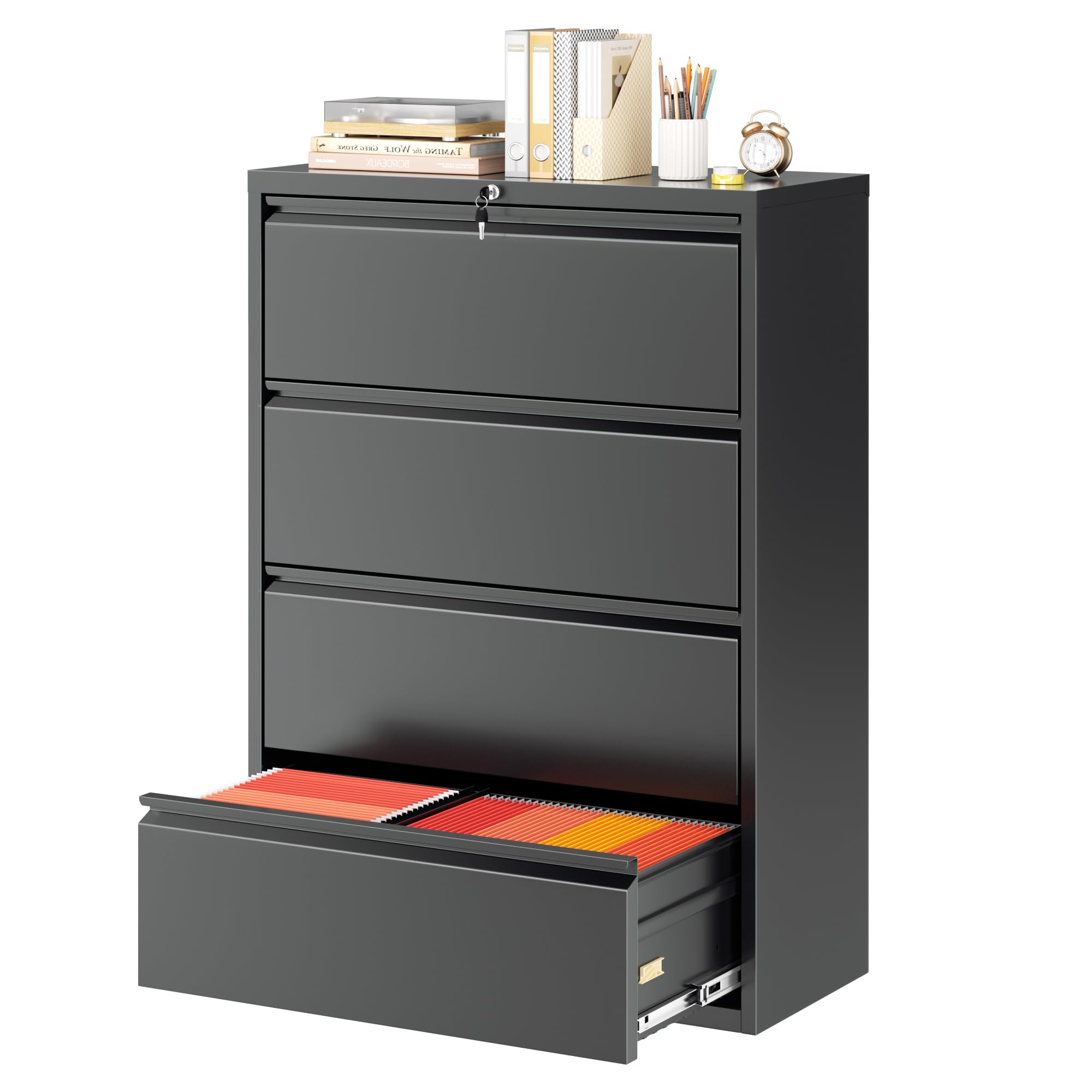 Superday Lateral File Cabinet 4 Drawer Metal File Cabinet with Lock, Black Filing Cabinets for Home Office, Locking Filing Cabinets Hanging Files