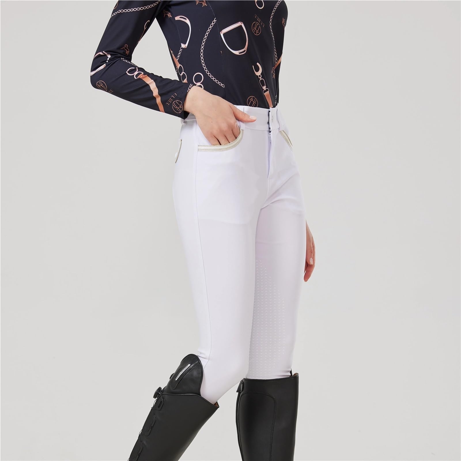 Reithose aus gewebtem Stoff, halbe Silikon-Reithose for Damen, weiße Silikonhose, gewebte elastische kleine Verschleißfestigkeit Für Reitsport