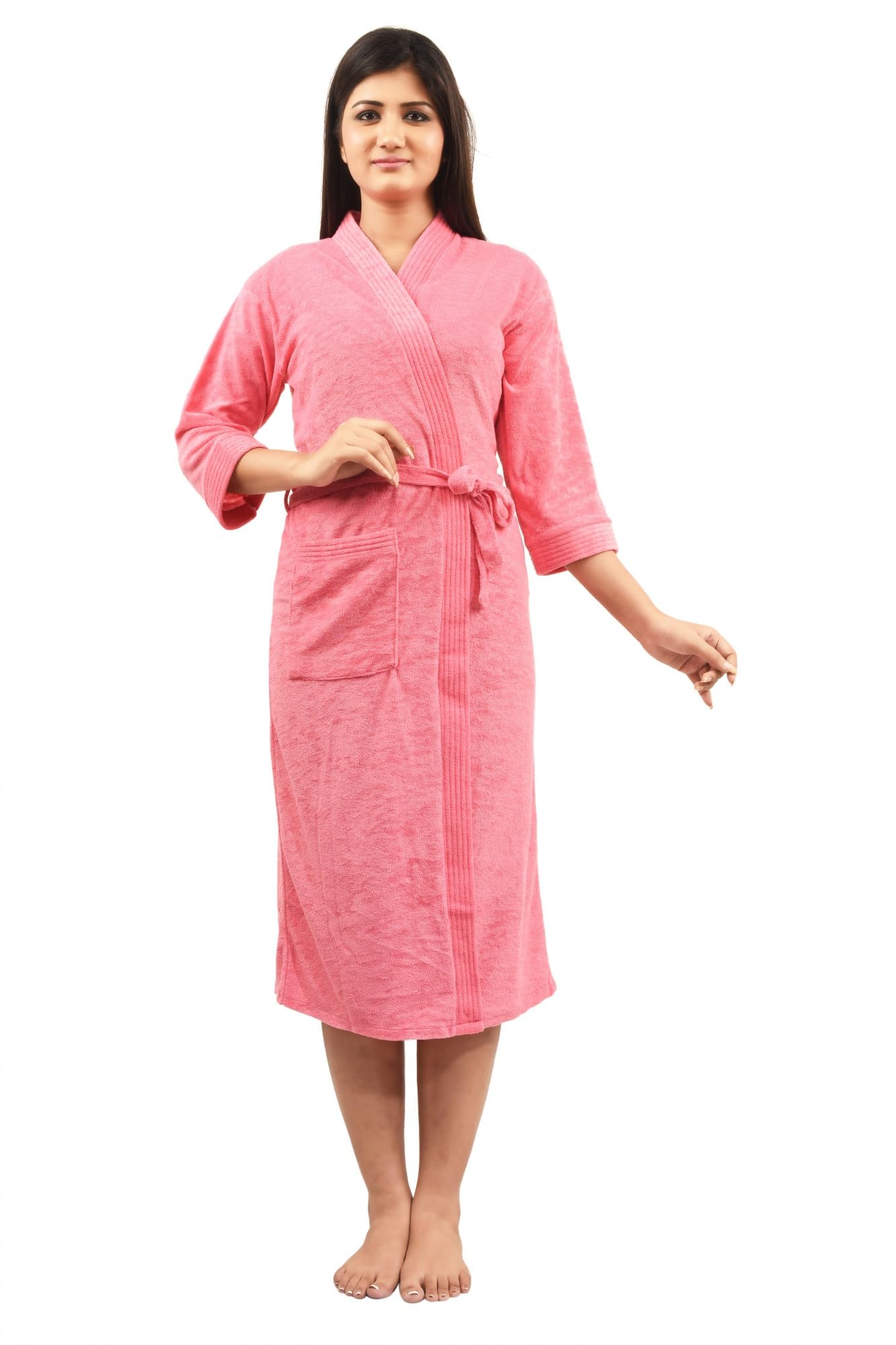 Premium Micro Terry Free Size Unisex Adult Bathrobe with Front Pocket (Pink)