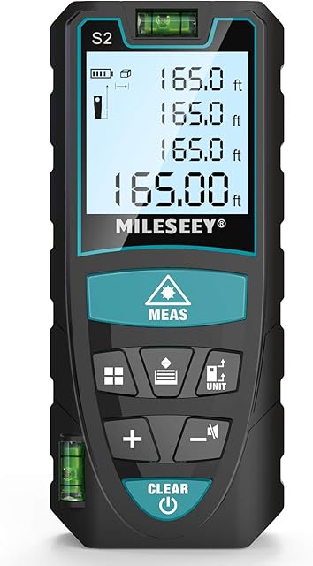 Laser Distance Meter 50M/165ft, Mileseey by RockSeed IP54 Laser Measure with 2 Bubble Levels,Portable Laser Rangefinder Digital Distance Meter with 4 Line LCD Display and Bigger Clear Backlight