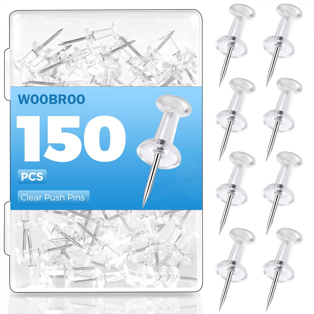150 PCS Push Pins, Standard Plastic Head Steel Point Clear