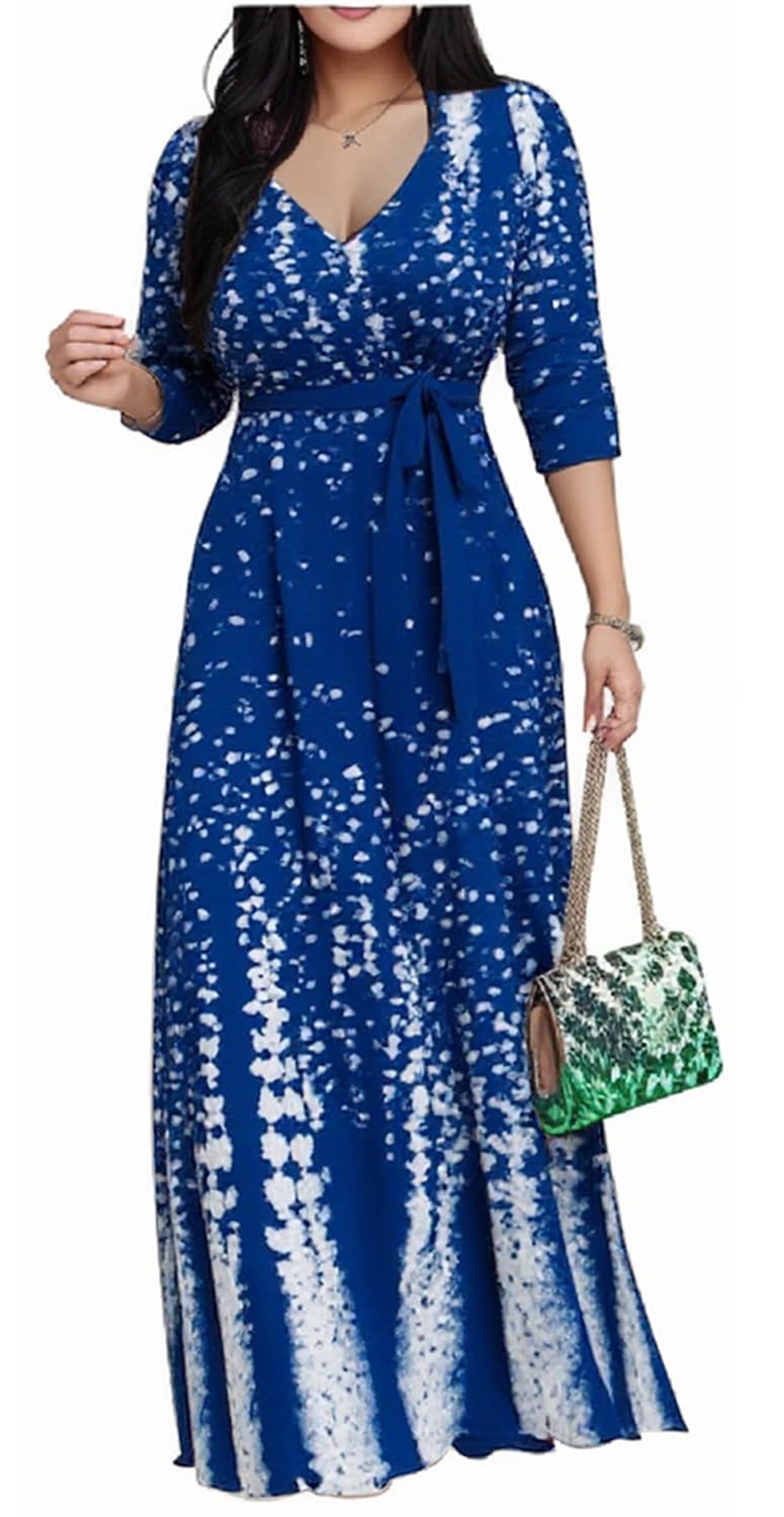 Women's Church Maxi Wrap V Neck 3/4 Sleeve Tie Waist Plus Size Long Dress