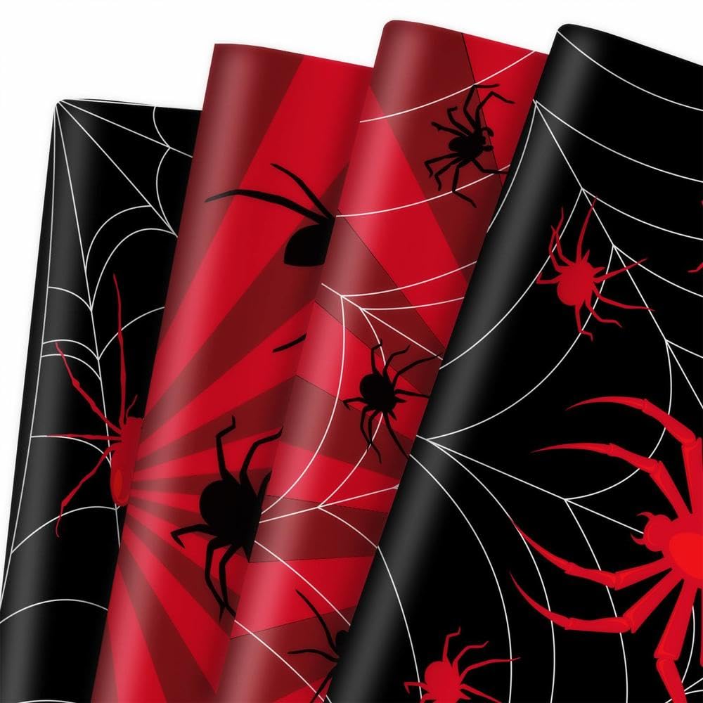 GleeWrap Spider Wrapping Paper, 12 Sheets Gothic Black Spider & Web Design Gift Wrap Nightmare Goth Decorative Craft for Brithday Festive Parties & Holiday Celebrations,50 x 70 cm