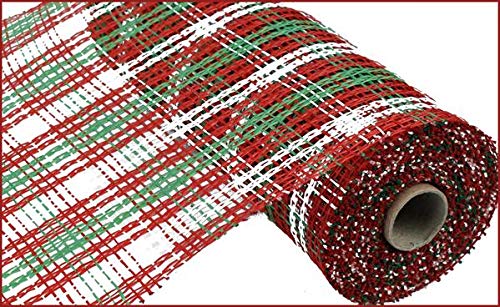 10 Inch x 30 Feet Christmas Deco Poly Burlap Stripe Check Mesh Ribbon (Red White Lime Green)