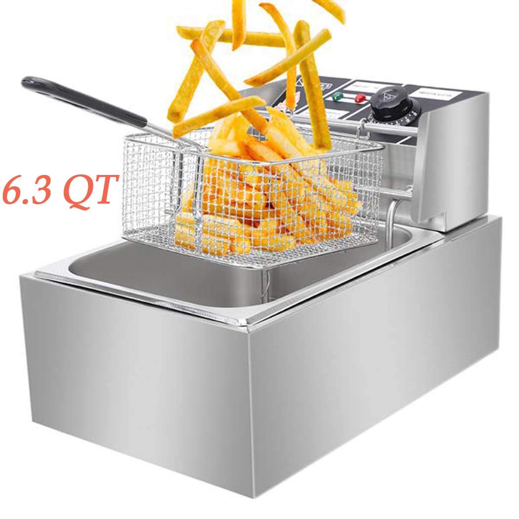6L Stainless Steel Deep Fryer, Single Cylinder Electric Fryer with Viewing Window, Temperature Control, Non-Slip, Easy Clean, Powerful 2500W Deep Fryer Silver