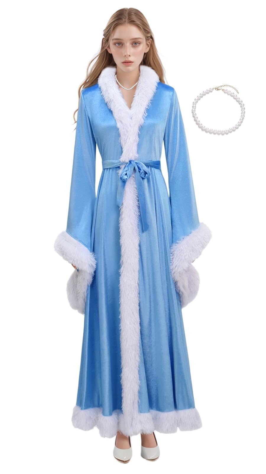 pagoaxn Martha May Whovier Robe Costume Women Christmas Velvet Fluffy Martha May Blue Robe with Belt Necklace