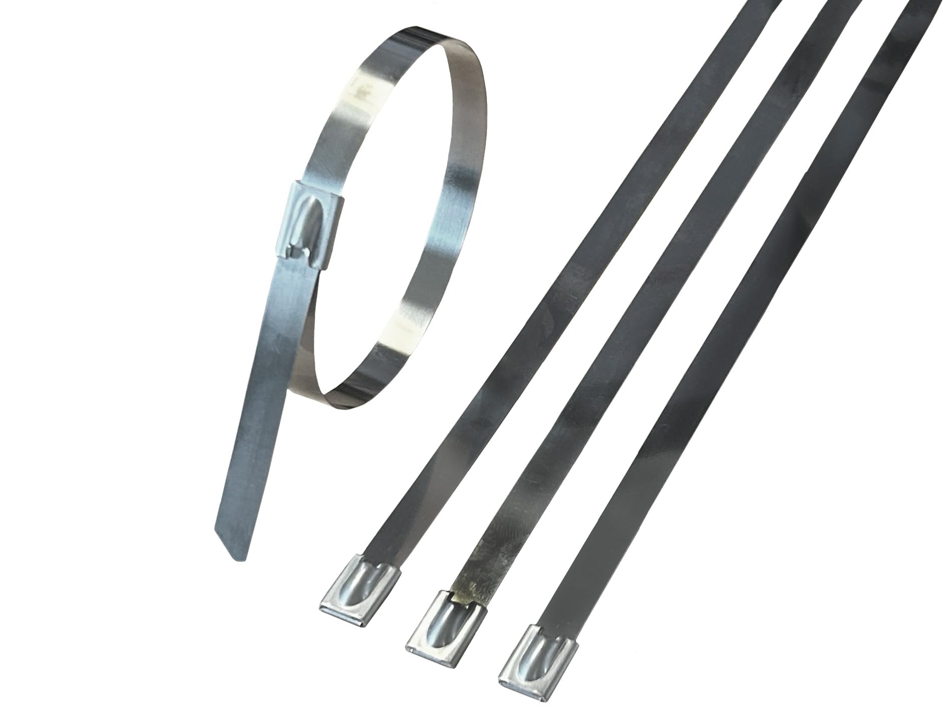 Fascette per cavi in acciaio inox, 3000 mm x 7,9 mm, argento metallizzato, confezione da 25 pezzi, chiusura a sfera autobloccante