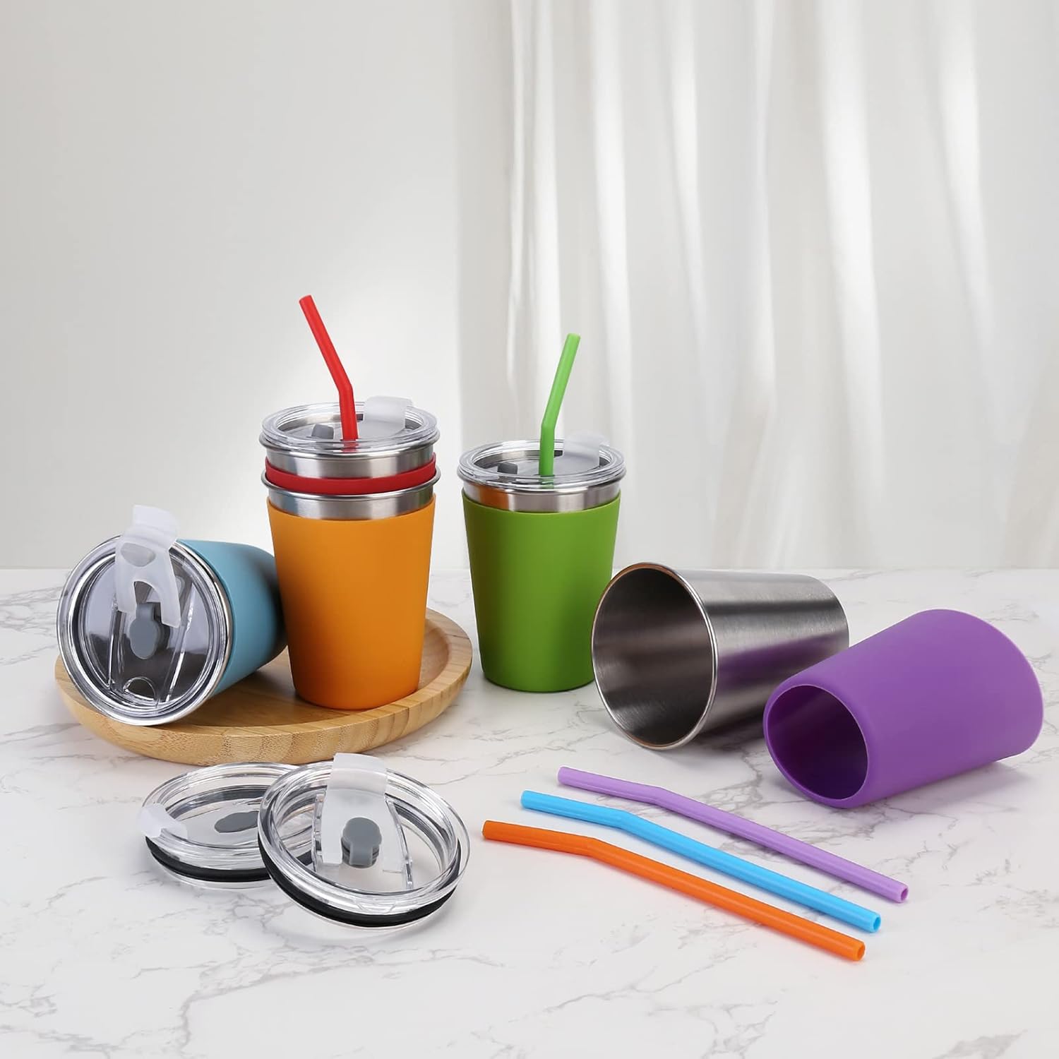 Kids Tumblers with Lids and Straws, 5 Pack Upgrade 12oz Stainless Steel Unbreakable Toddler Cups Spill Proof with Colorful Sleeve, Reusable Drinking Cup for Adults and Children - Image 8