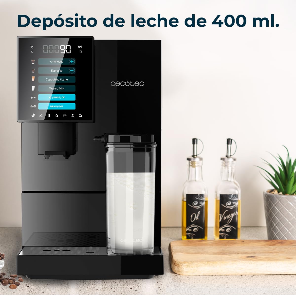 Cecotec Cafetera Superautomática Cremmaet Compactccino Black, 19 Bares, Sistema Thermoblock, Grano recién molido con Plug&Play, Depósito 150gr café con molinillo, 1,1 L agua, 400ml leche