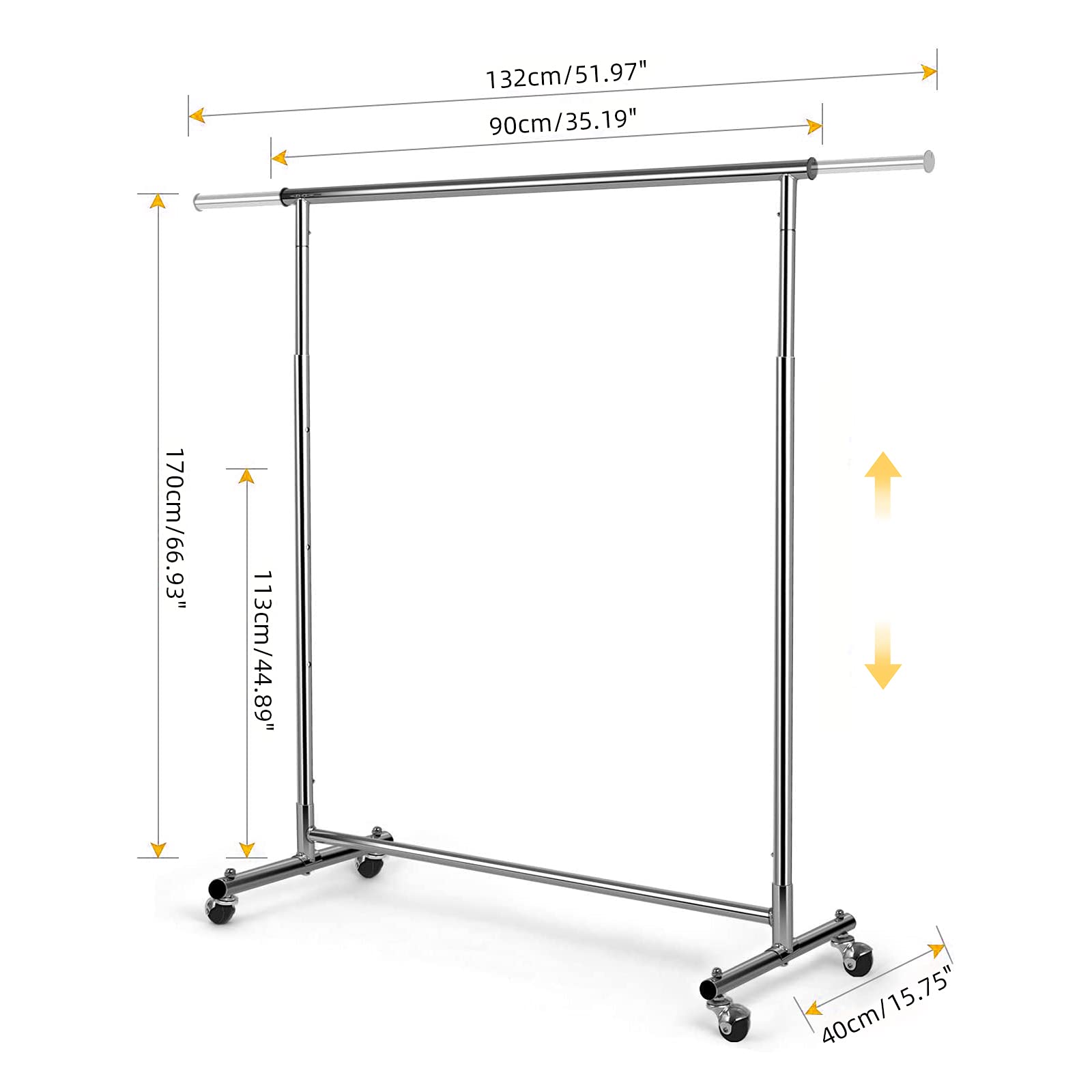 VOWNER Portants, Portant a Vetements, Porte-Manteau, Penderie à Vêtement, Hauteur Réglable, Portant Penderie à Vêtement Télescopique, avec Roulettes,132 x 40 x 170 cm, Rotatif à 360°, Métal Chromé