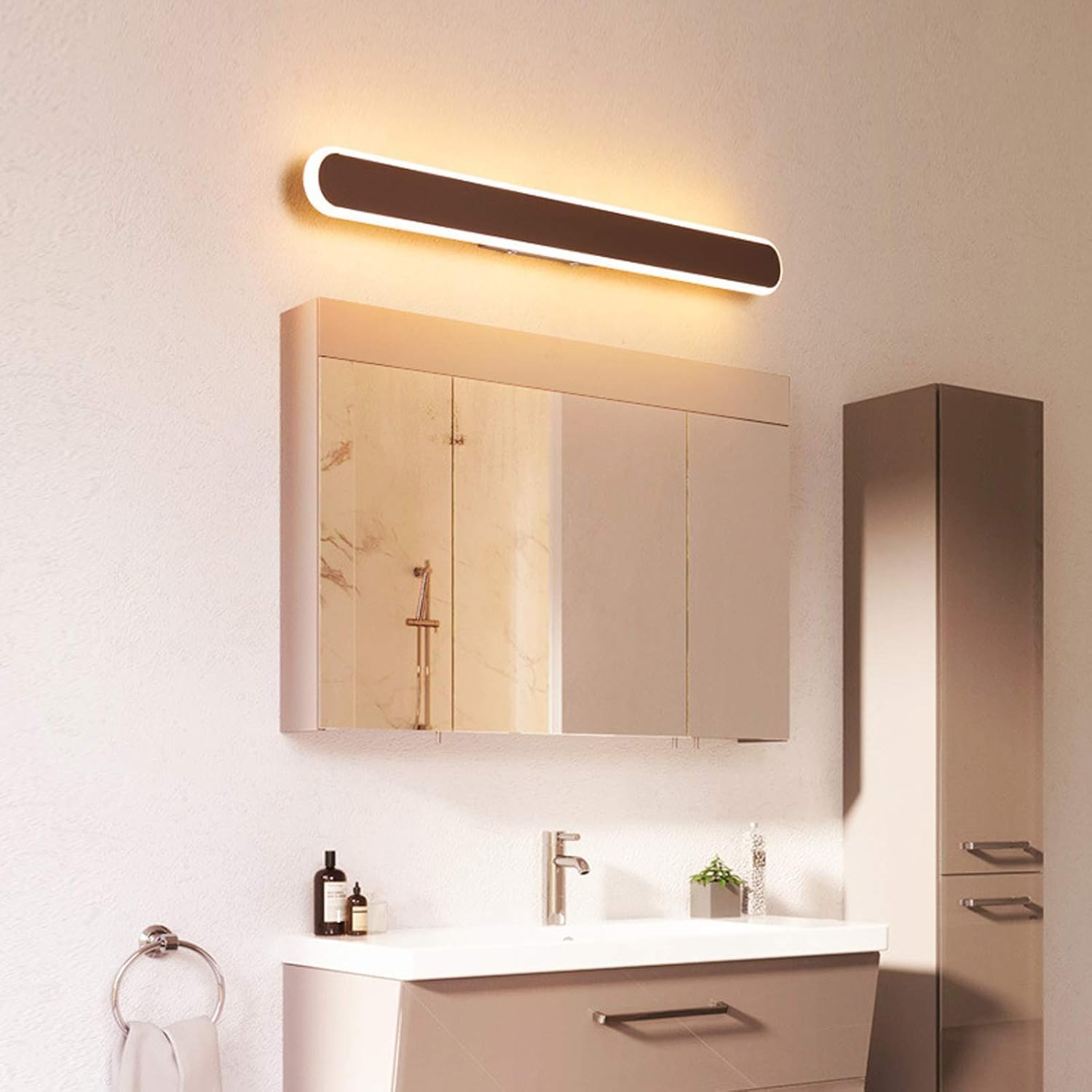 Lampa łazienkowa LED z lustrem, brązowa, nowoczesny styl, oświetlenie LED nad lustrem, 3 temperatury barwowe