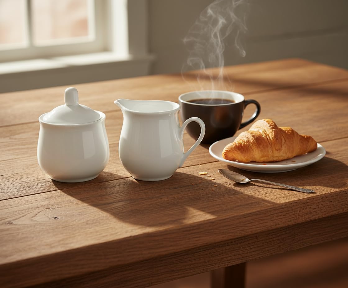 Provance Juego de 3 piezas de porcelana para leche y azúcar con tapa, jarra de leche, azucarero, recipiente para leche y azúcar, utensilios de cocina, mesa cubierta