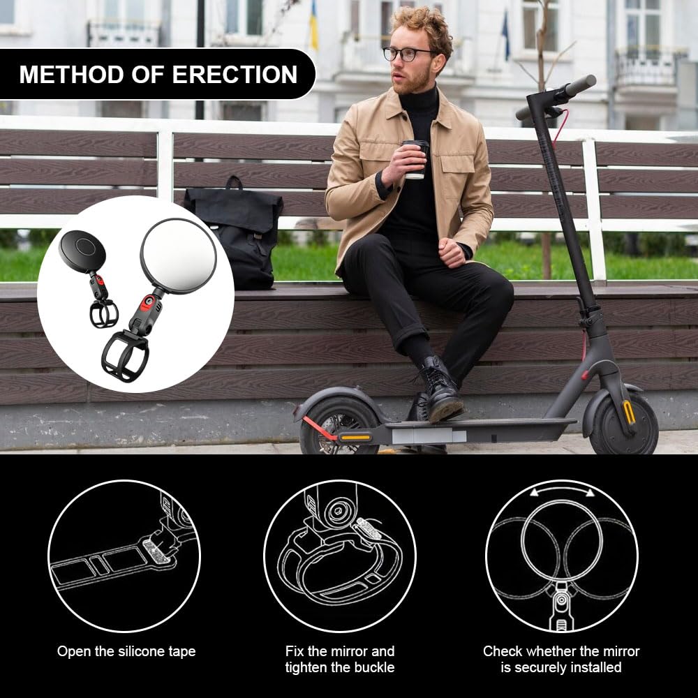 2 Stück Rückspiegel für Roller, Verstellbare Rückspiegel, E-Scooter Rückspiegel, 360° Verstellbarer Lenkerspiegel, Universaler Fahrradspiegel für Elektroscooter, E-Bike, Cityrad