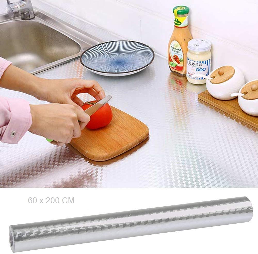 Swadhin PVC DIY Self Adhesive Anti-Mold and Heat Resistant Aluminum Foil Sticker Kitchen Backsplash Wallpaper for Kitchen Cabinets Almirah Tabletop Wooden Table Wardrobe Renovation Self-Adhesive Wall Sticker for Walls Cabinets (Silver, 60 x 200 cm)