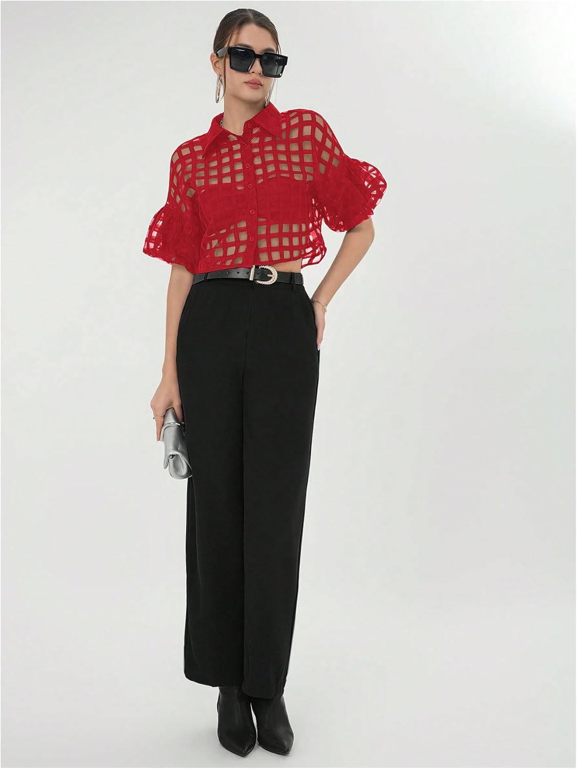 GORGLITTER Women's Sheer Puff Sleeve Tops Blouse Dressy Casual Y2K Mesh Cropped Button Down Shirt Concert Going Out Top